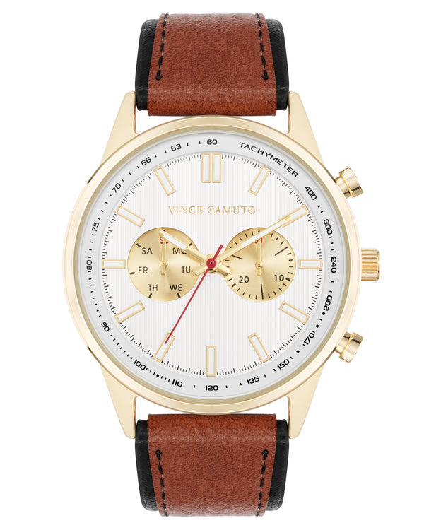 Vince Camuto Mens Gold-Tone Multi-Function Brown Leather Strap Watch