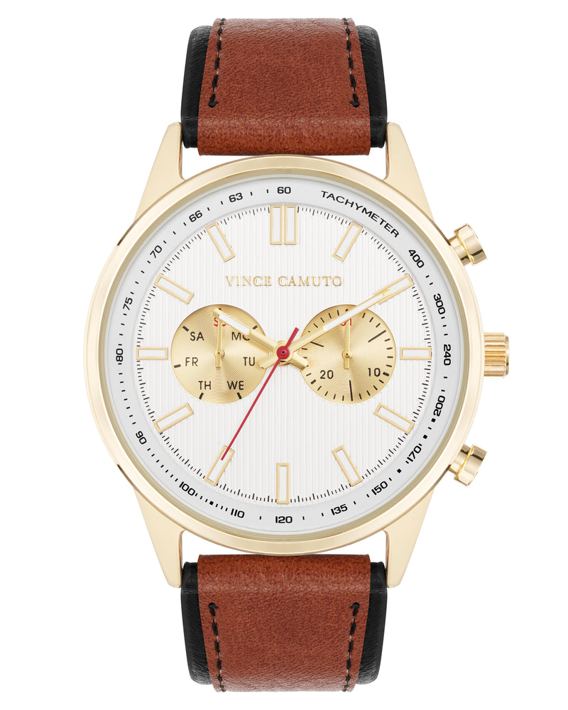 Vince Camuto Mens Gold-Tone Multi-Function Brown Leather Strap Watch
