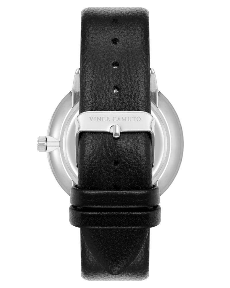 Vince Camuto Mens Silver-Tone Multi-Function Black Silicone Strap Watch