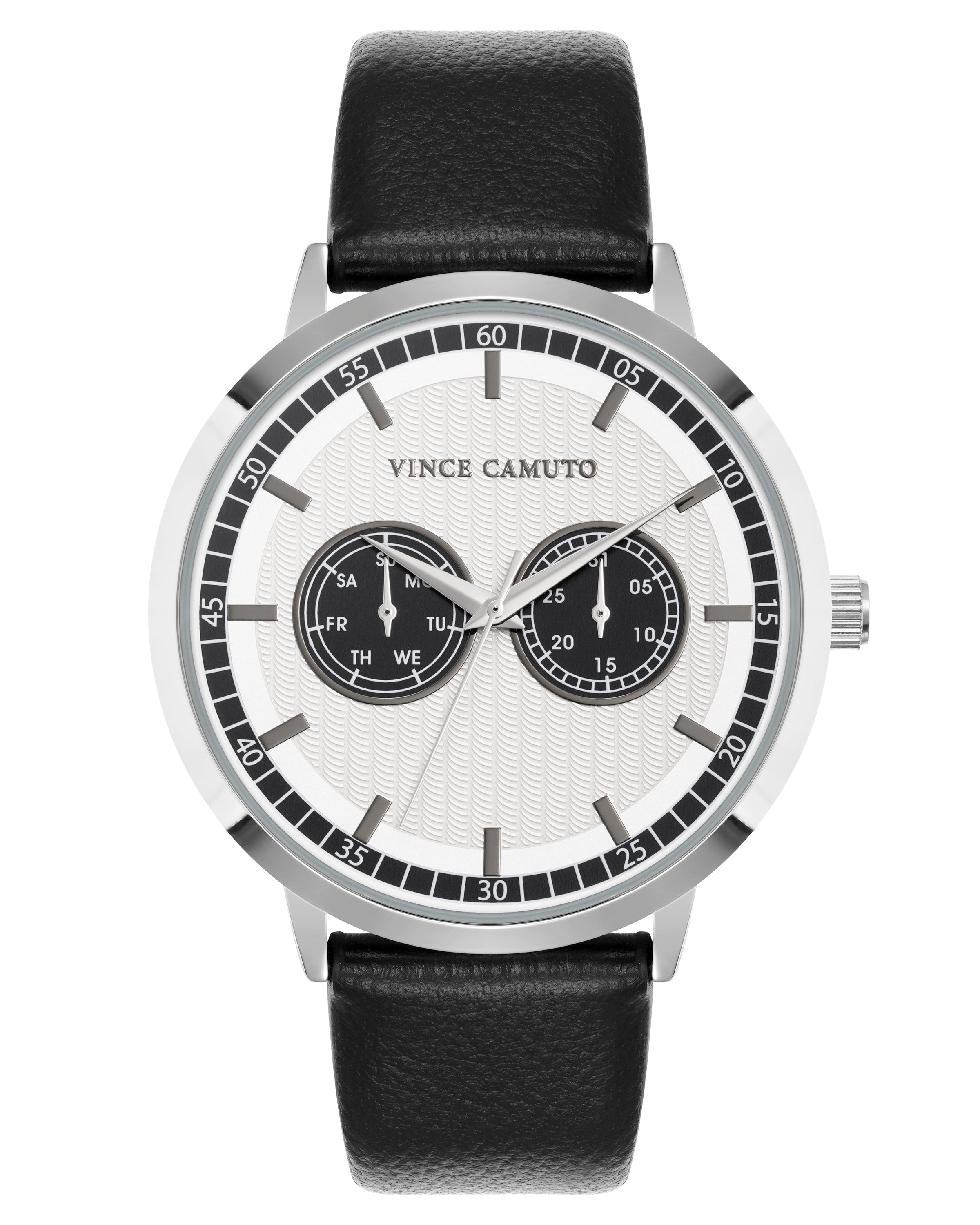 Vince Camuto Mens Silver-Tone Multi-Function Black Silicone Strap Watch
