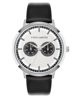 Vince Camuto Mens Silver-Tone Multi-Function Black Silicone Strap Watch