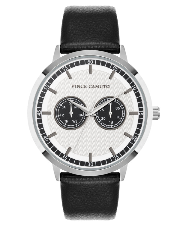Vince Camuto Mens Silver-Tone Multi-Function Black Silicone Strap Watch