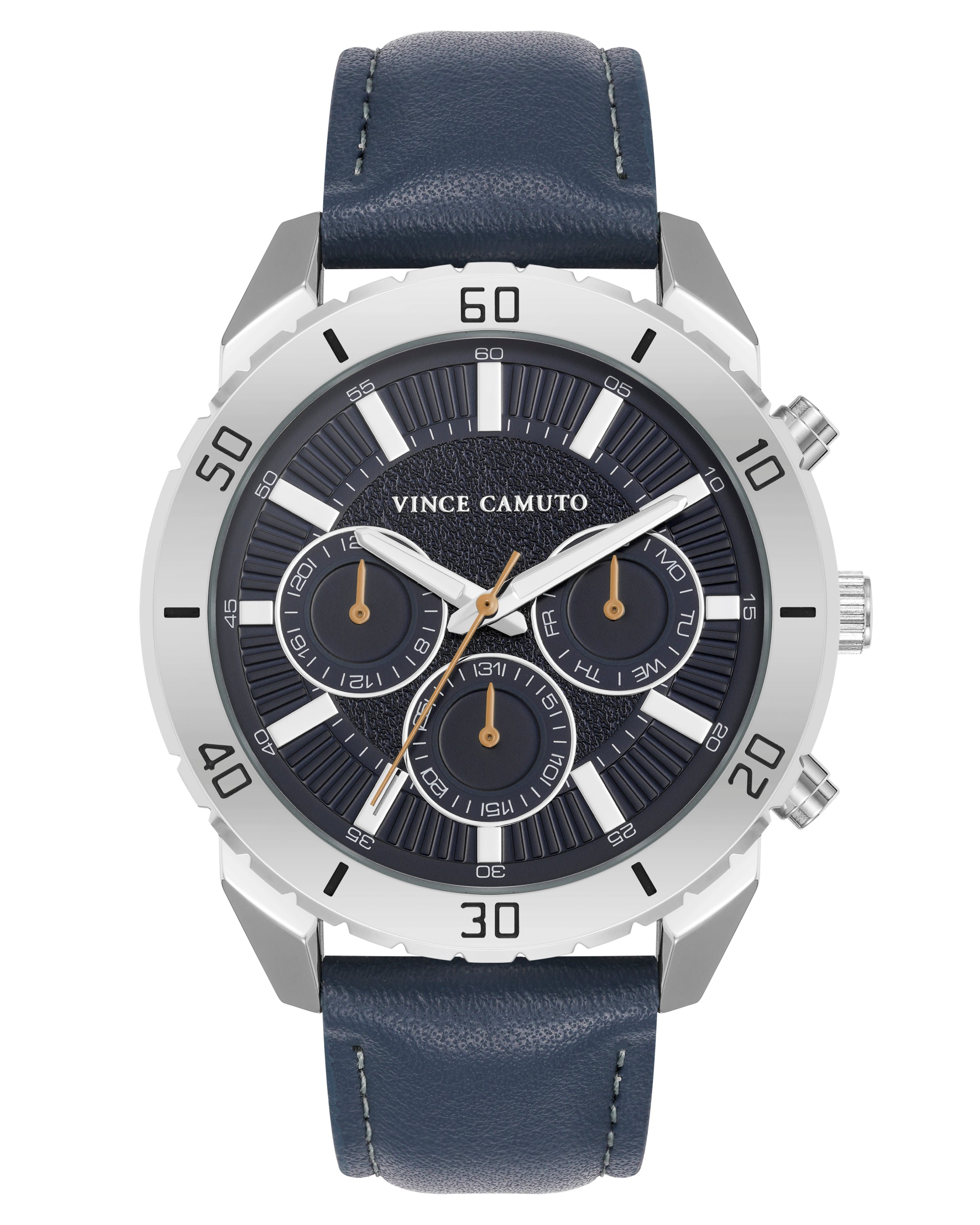 Vince Camuto Mens Silver-Tone Multi-Function Navy Strap Watch