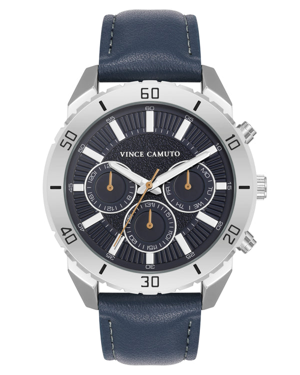 Vince Camuto Mens Silver-Tone Multi-Function Navy Strap Watch