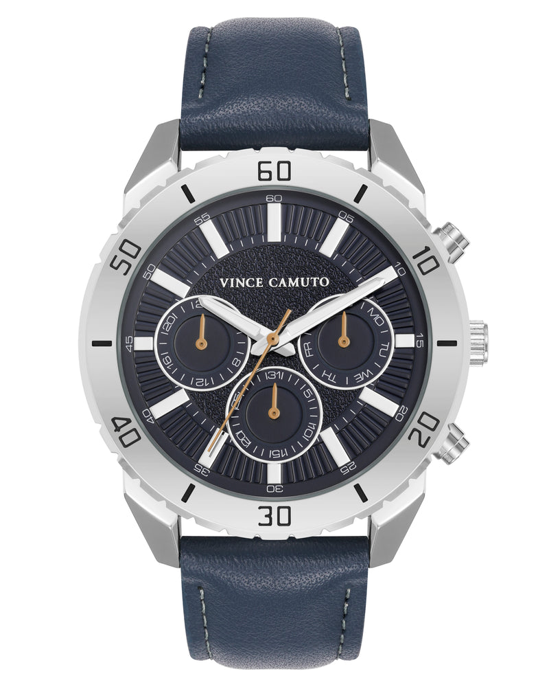 Vince Camuto Mens Silver-Tone Multi-Function Navy Strap Watch