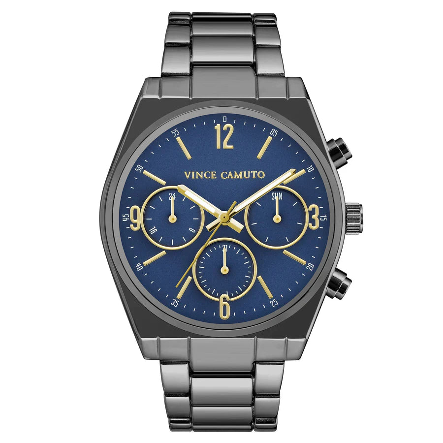 Vince Camuto Mens Gunmetal Navy Dial Multi-Function Watch