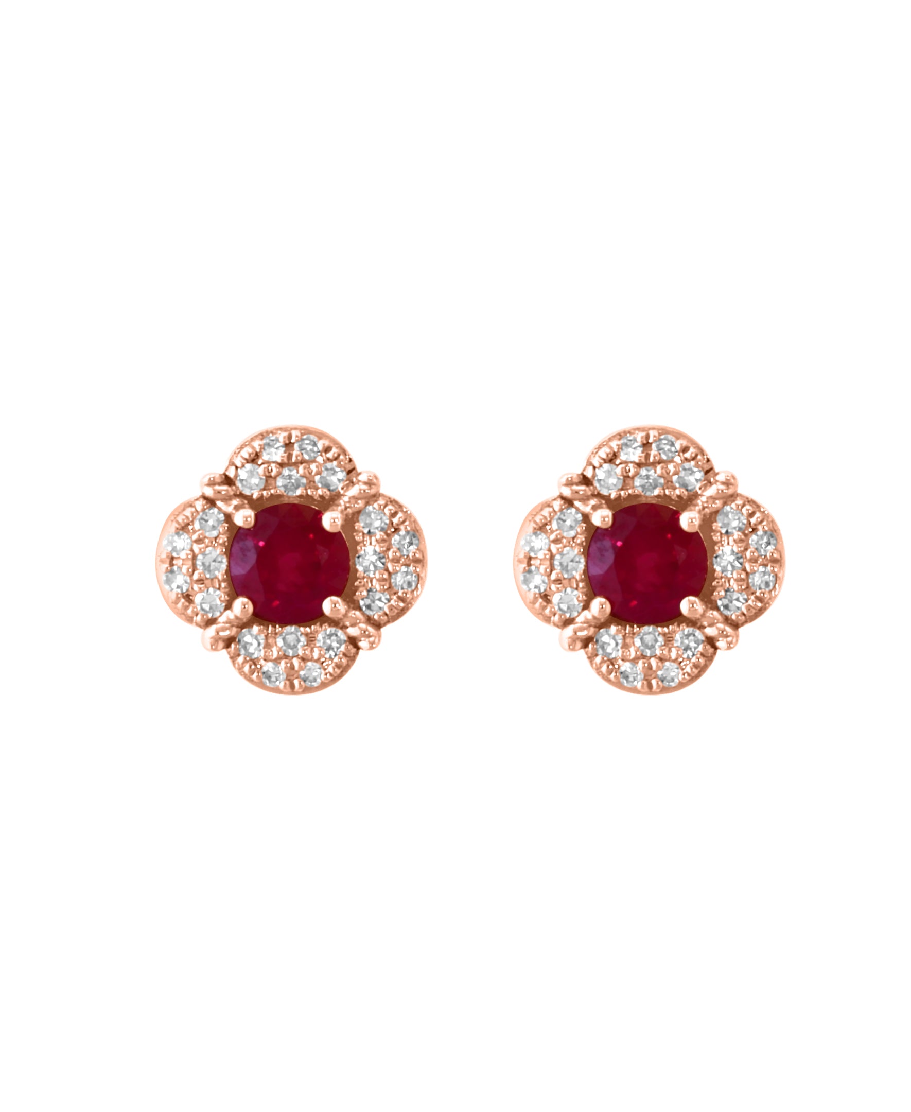 14K Rose Gold Ruby & Diamond Floral Stud Earrings