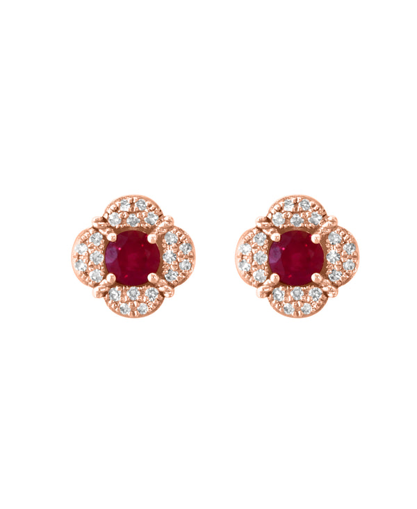 14K Rose Gold Ruby & Diamond Floral Stud Earrings