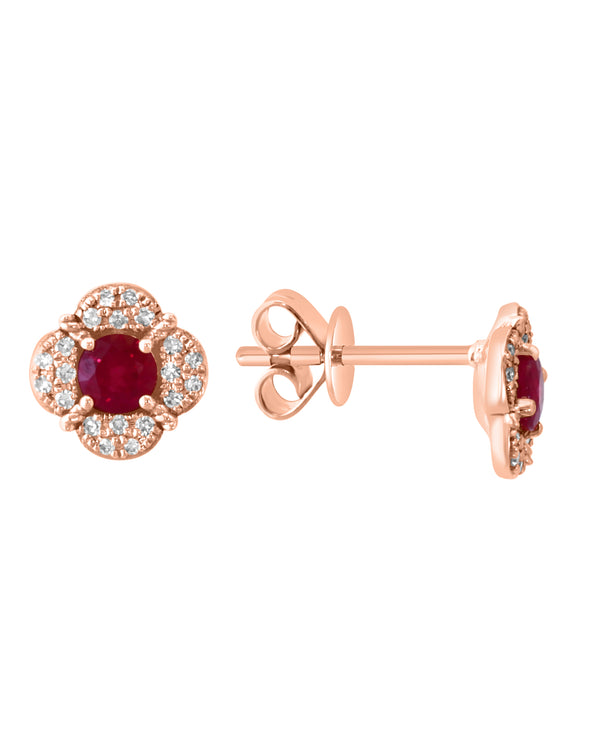 14K Rose Gold Ruby & Diamond Floral Stud Earrings