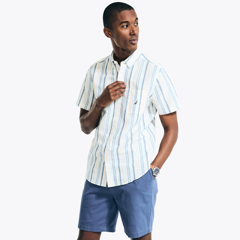 Nautica Mens Sustainably Crafted Linen Vertical Stripe Short Sleeve Shirt