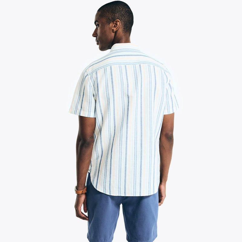 Nautica Mens Sustainably Crafted Linen Vertical Stripe Short Sleeve Shirt