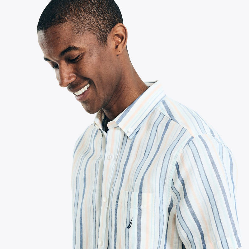 Nautica Mens Sustainably Crafted Linen Vertical Stripe Short Sleeve Shirt
