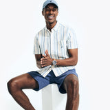 Nautica Mens Sustainably Crafted Linen Vertical Stripe Short Sleeve Shirt