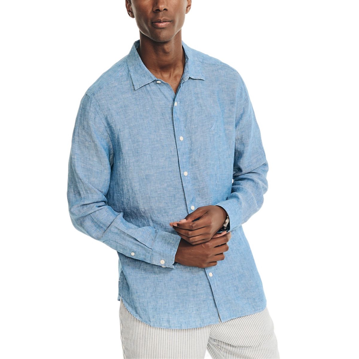 Nautica Mens Sustainably Crafted Solid Linen Long Sleeve Woven Shirt