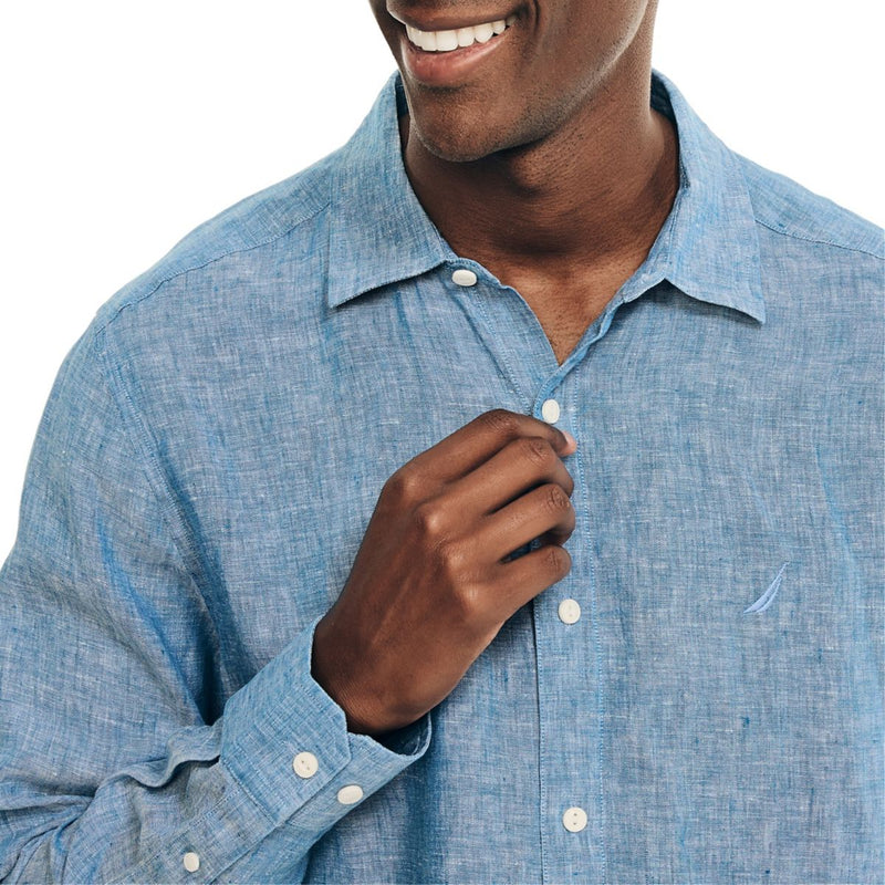 Nautica Mens Sustainably Crafted Solid Linen Long Sleeve Woven Shirt