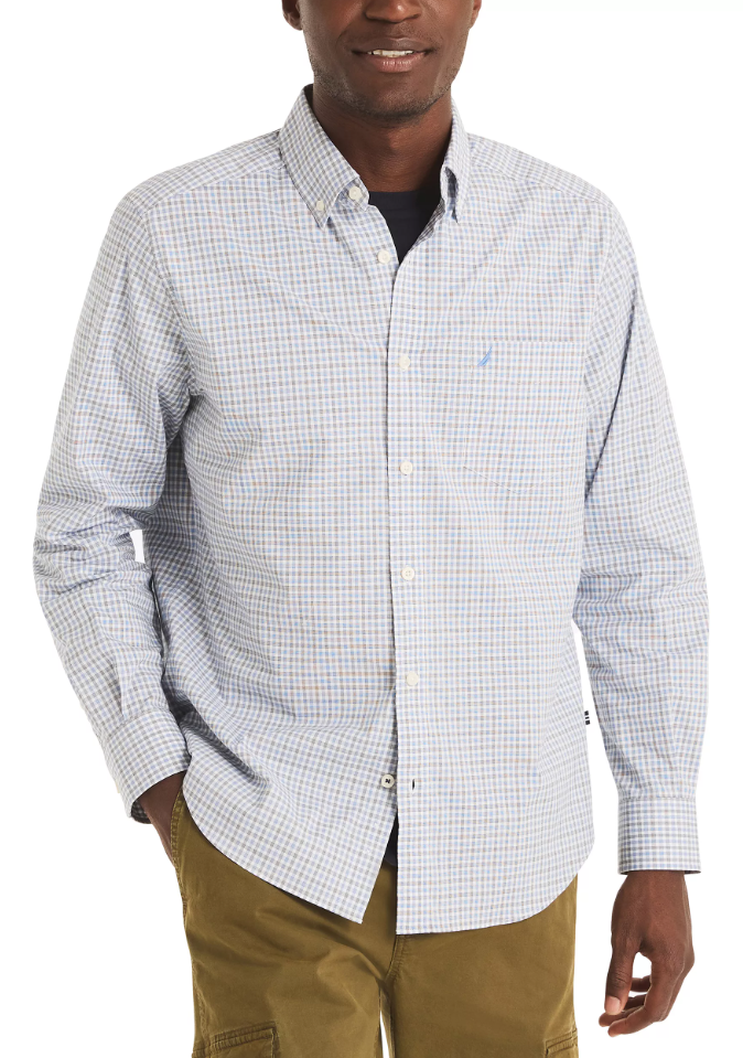 Nautica Mens Wrinkle-Resistant Plaid Long Sleeve Shirt