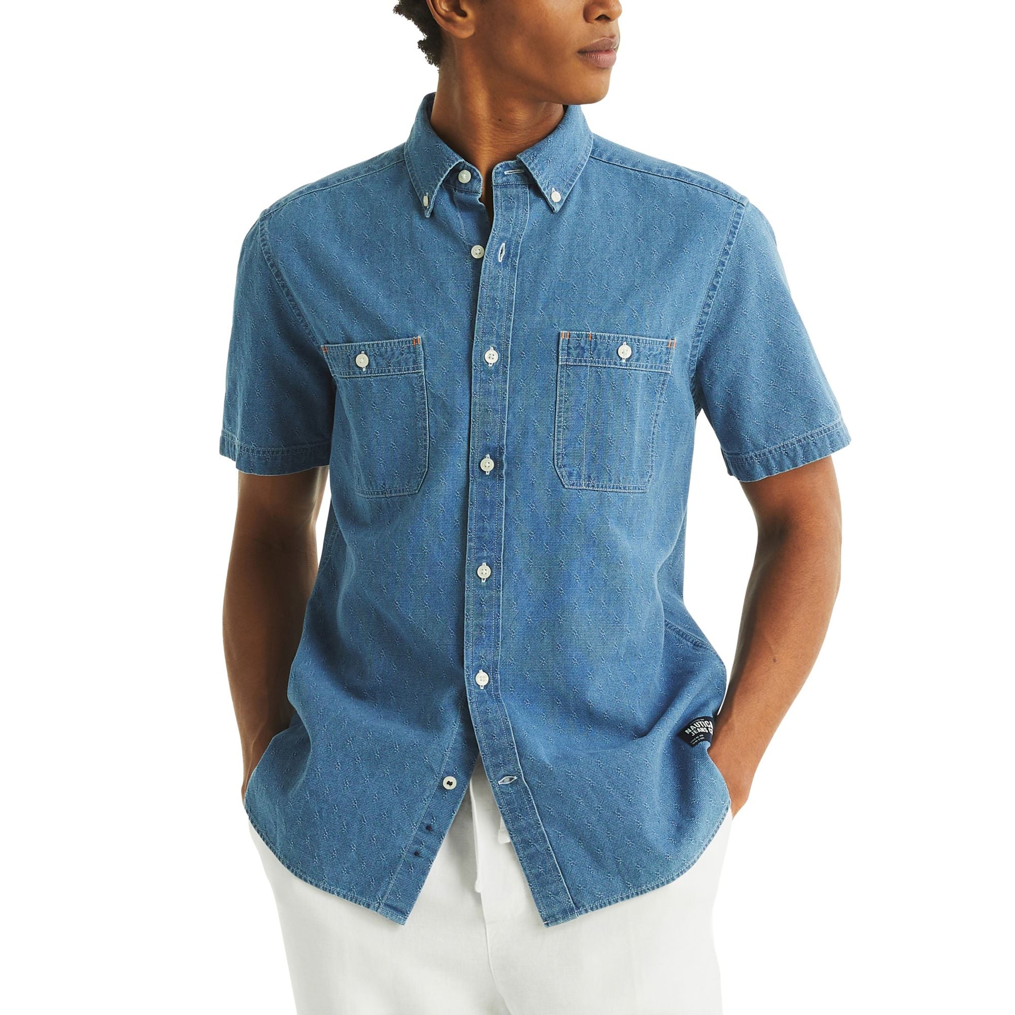 Nautica Mens Chambray Short Sleeve Button Down Shirt