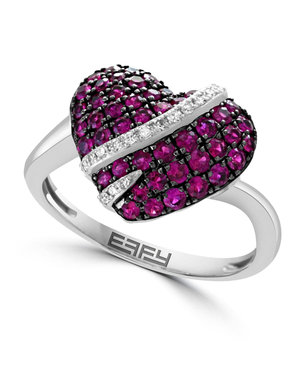 Effy 14K White Gold Ruby Diamond Heart Shaped Ring - Size 7