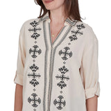 Ruby Road Womens Embroidered Gauze Button Front 3/4 Sleeve Top