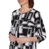 Alfred Dunner Womens Geo Boxes Puff Printed Top With Necklace