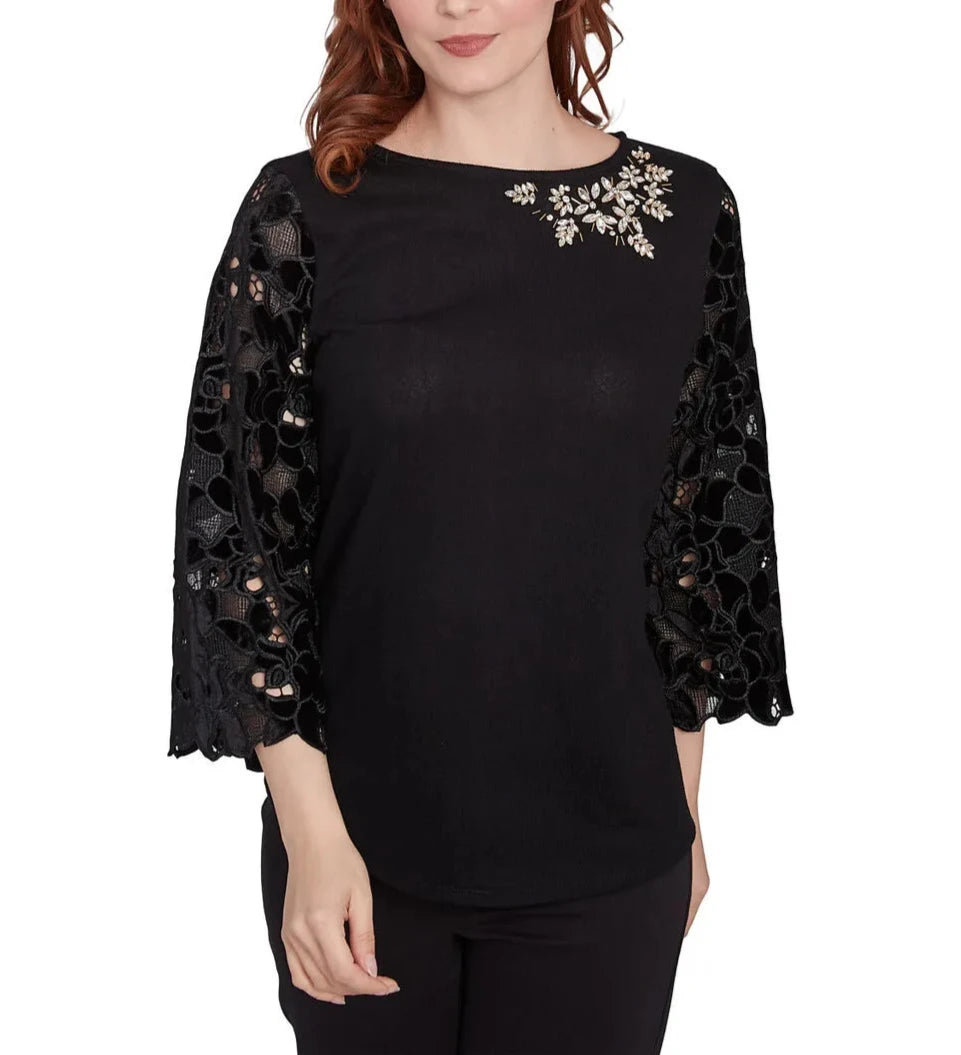 Ruby Rd. Womens Velvet Rosette Lace 3/4 Sleeve Solid Top