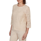 Alfred Dunner Womens Floral Crochet Lined Knit Top