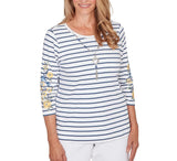 Ruby Road Womens Floral Embroidered Stripe Top With Necklace