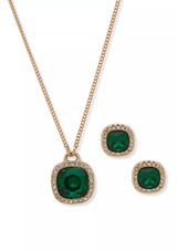 Nine West Boxed Square Green Gem Necklace & Earring Set