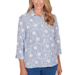 Ruby Road Womens Puff Print Pinstripe Embroidered Button Down Top
