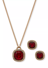 Nine West Boxed Square Red Gem Necklace & Earring Set