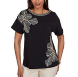 Ruby Road Womens Floral Noir Embroidered Knit Short Sleeve T-Shirt