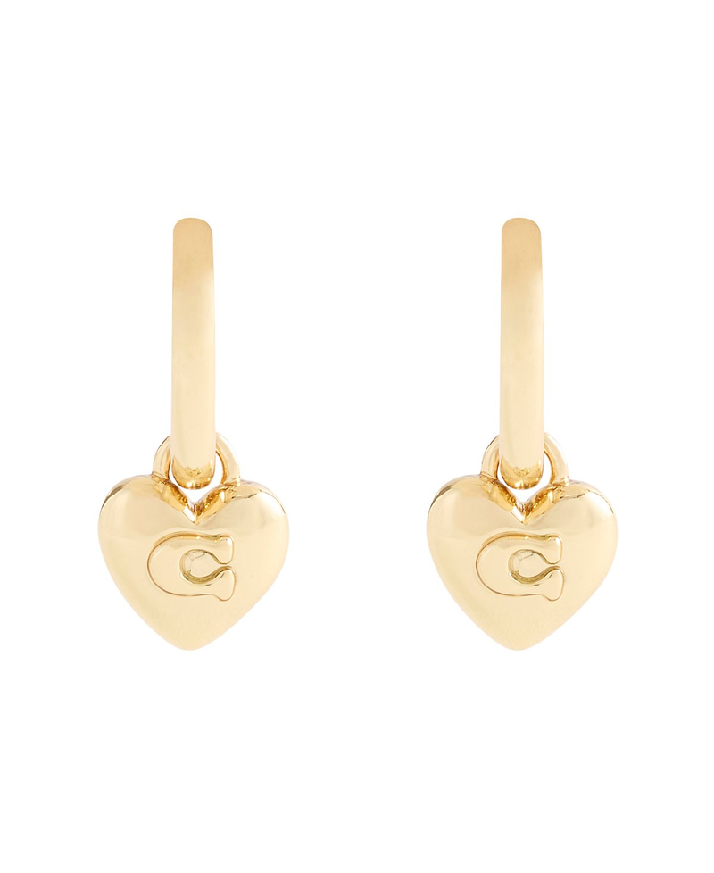 COACH Signature Gold Heart Charm Hoop Earrings
