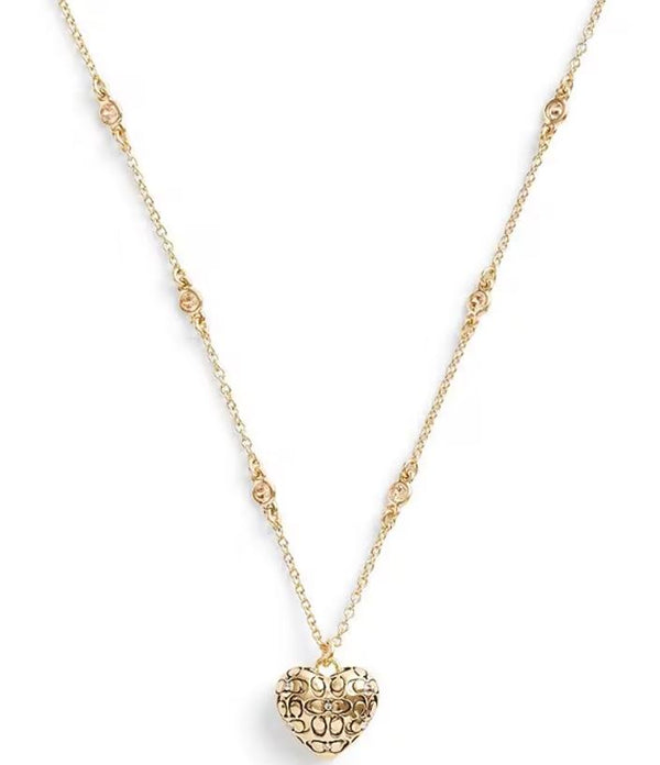 Coach Signature Logo Quilted Heart Crystal Pendant Necklace - Gold-Plated