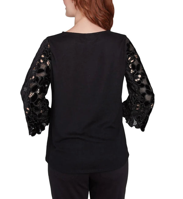 Ruby Rd. Womens Velvet Rosette Lace 3/4 Sleeve Solid Top