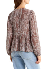 Lucky Brand Womens Long Sleeve Paisley Print Mix Peasant Top