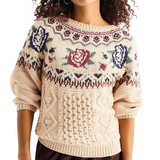 Lucky Brand Womens Floral Fair Isle Crew Sweater