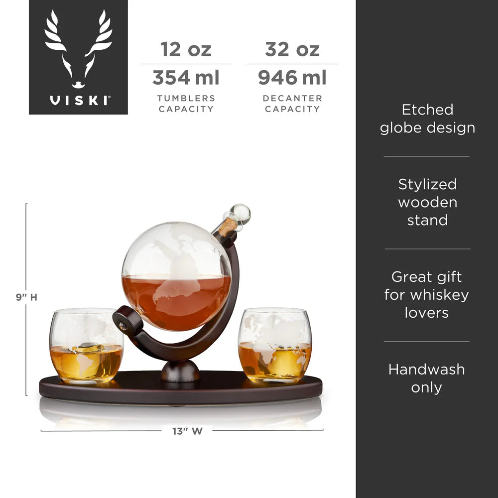 Viski Globe Decanter & Whiskey Tumbler Set - 3 pk