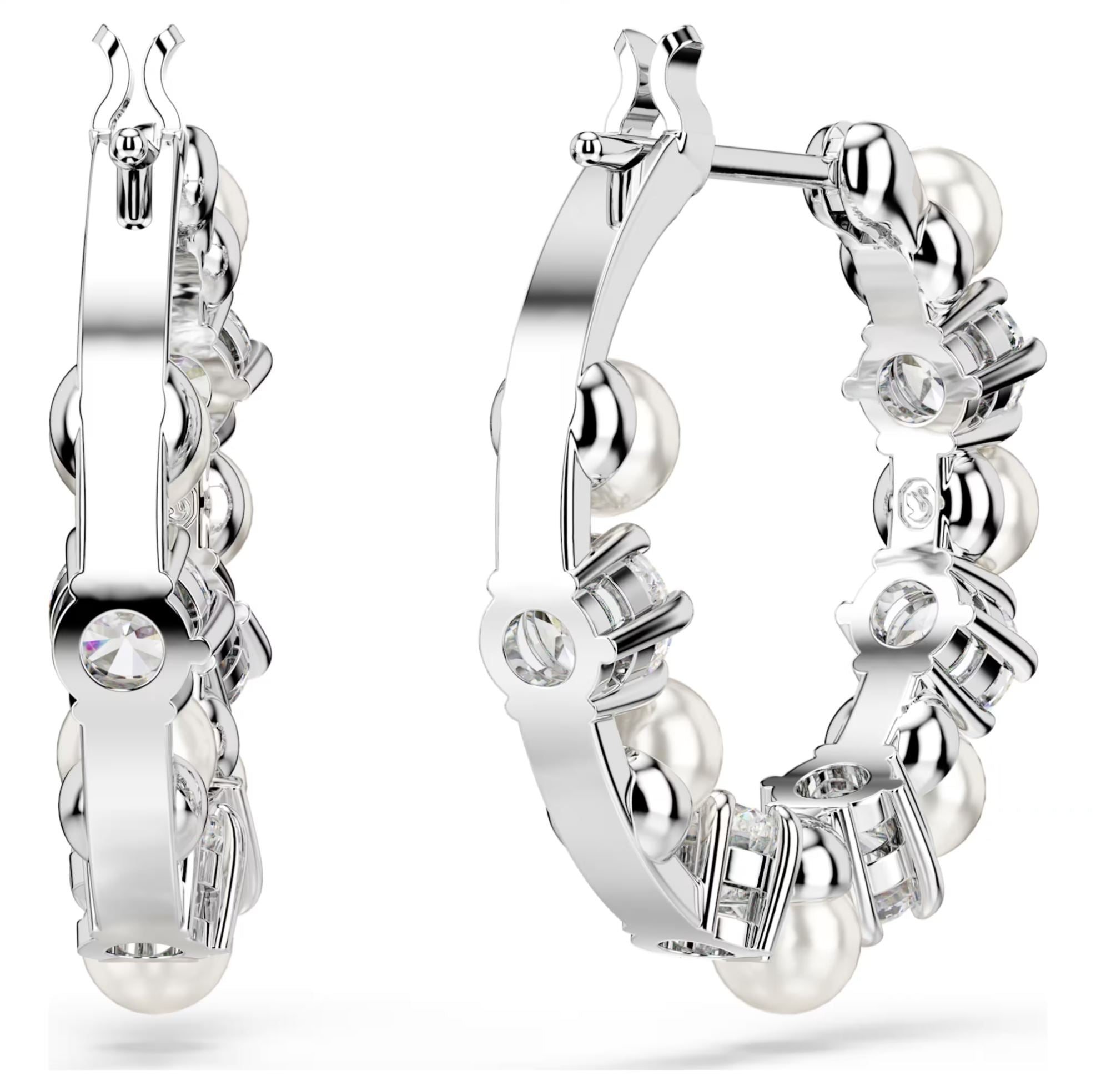 Swarovski Matrix Hoop Earrings - Crystal pearl, Round cut, White, Rhodium plated