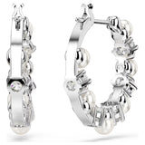 Swarovski Matrix Hoop Earrings - Crystal pearl, Round cut, White, Rhodium plated