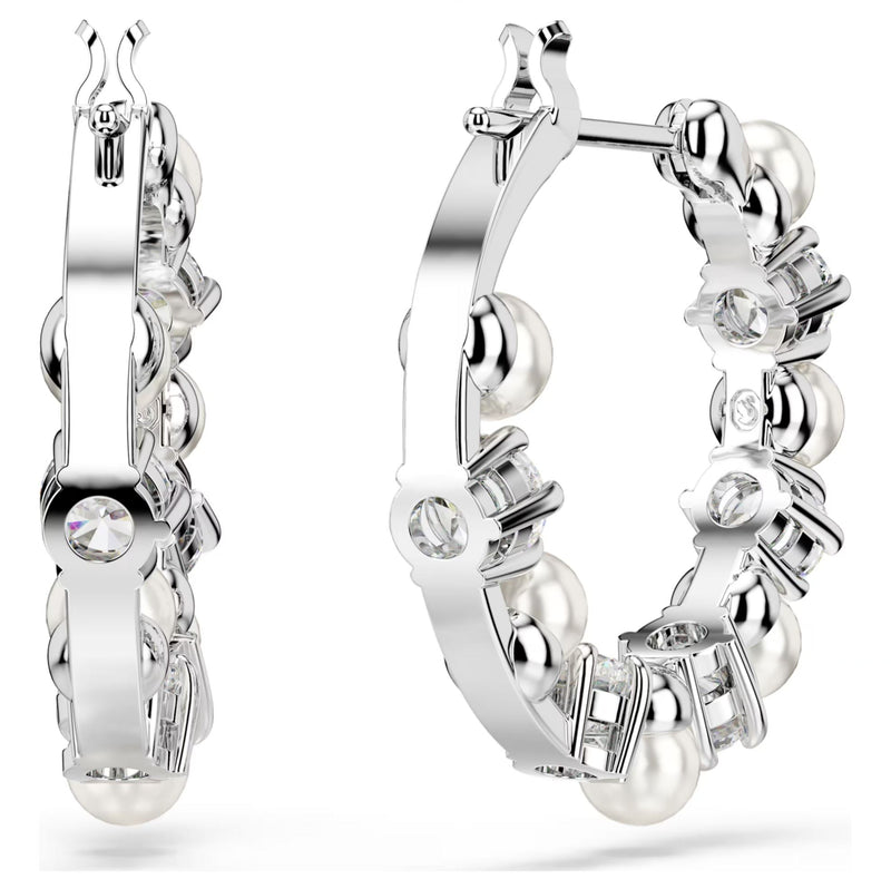 Swarovski Matrix Hoop Earrings - Crystal pearl, Round cut, White, Rhodium plated
