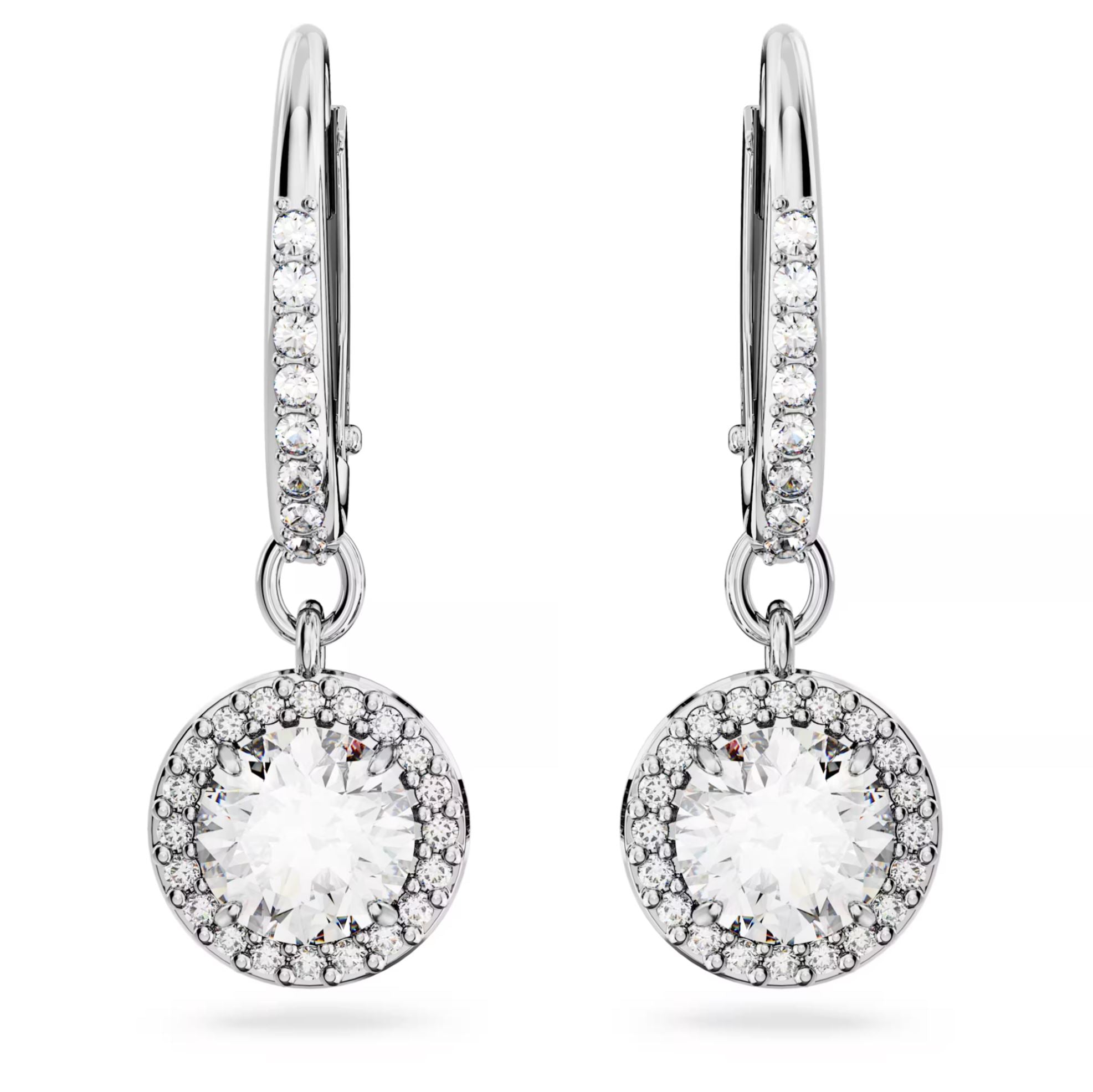 Swarovski Constella Drop Earrings - Round cut, Pavé, White, Rhodium plated