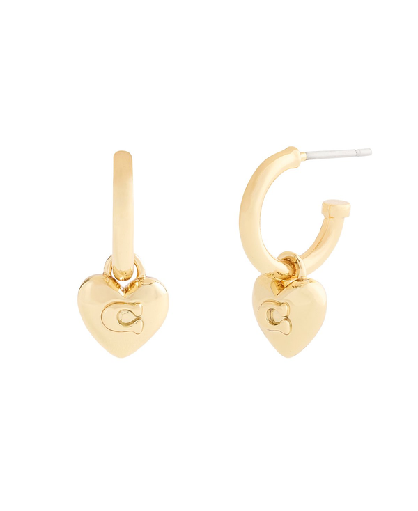 COACH Signature Gold Heart Charm Hoop Earrings