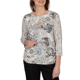 Alfred Dunner Womens Geo Leaf Patchwork Knit Top