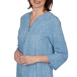 Alfred Dunner Womens Tonal Embroidered Soft Henley Top
