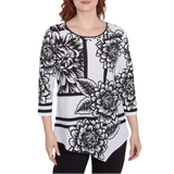 Ruby Rd. Womens Spliced Floral Abstract 3/4 Sleeve Top