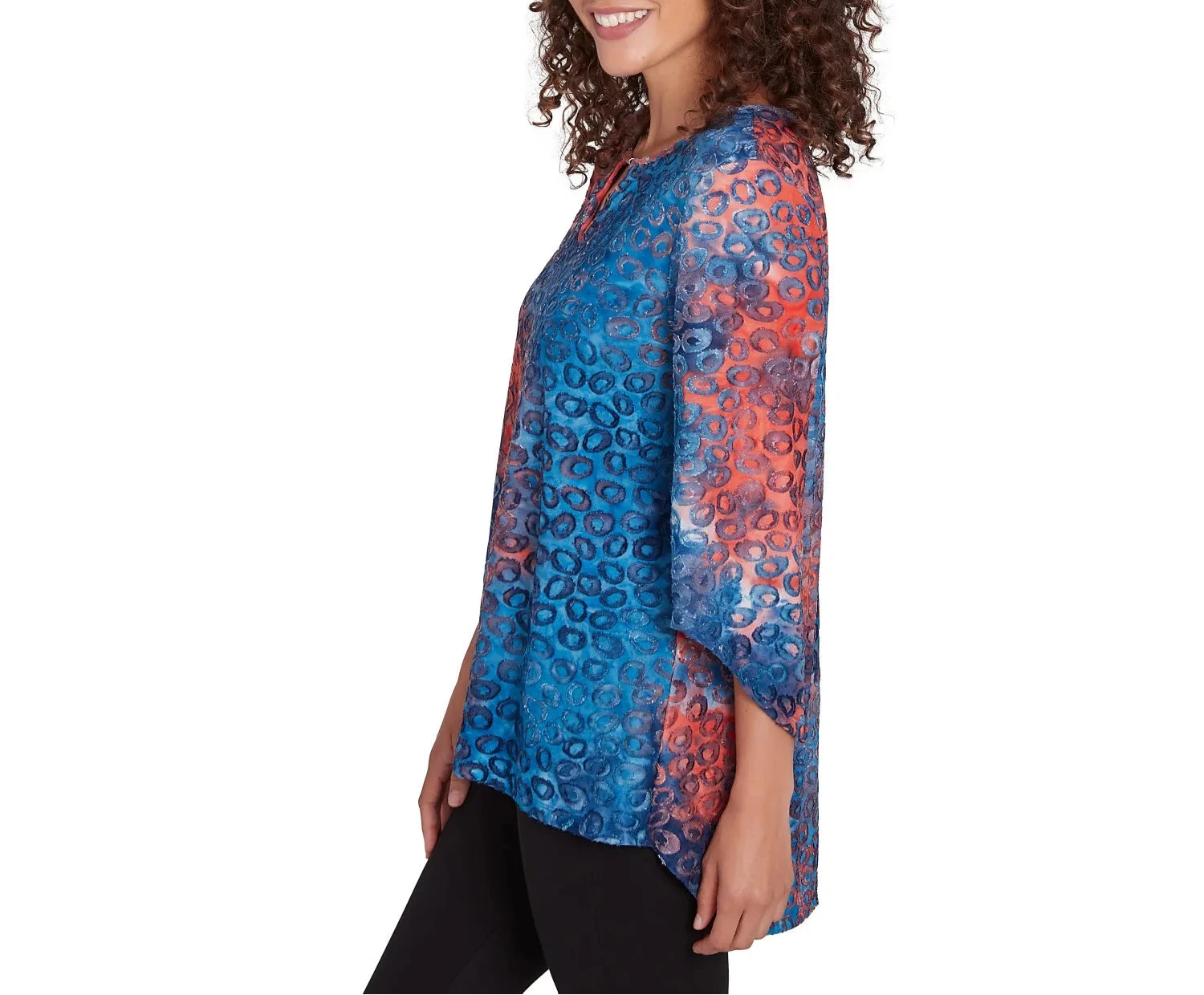 Ruby Rd. Womens Tie Dyed Indigo Spots 3/4 Sleeve Top