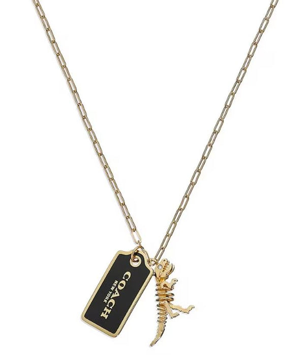 Coach Signature Tag and Dinosaur Charm Long Pendant Necklace - Gold-Plated