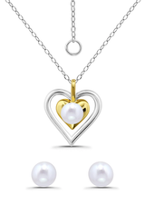 DesignsFMC Two-Tone Heart Pendant Necklace & Pearl Earrings Set