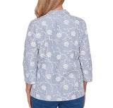 Ruby Road Womens Puff Print Pinstripe Embroidered Button Down Top