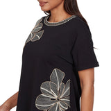 Ruby Road Womens Floral Noir Embroidered Knit Short Sleeve T-Shirt